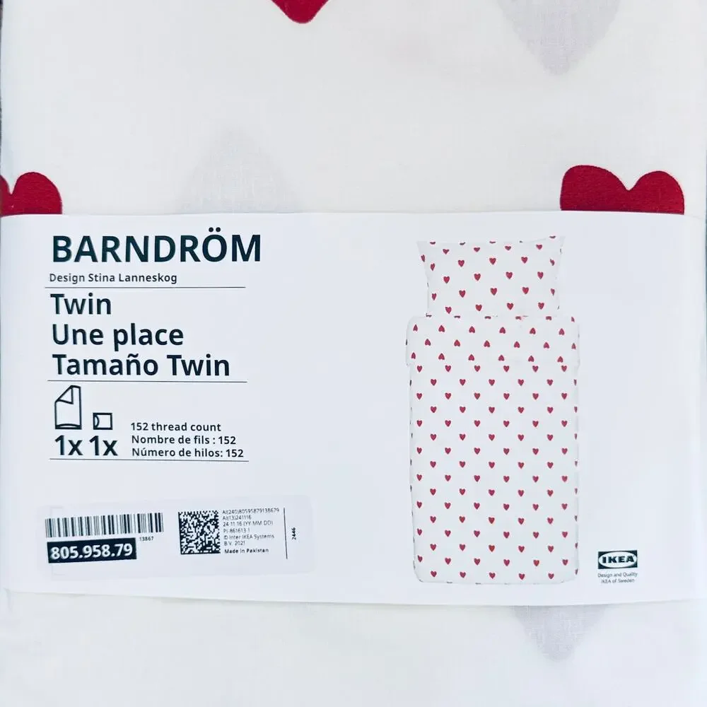 IKEA BARNDROM White with Red Heart Pattern Twin Duvet Cover & Pillow Case